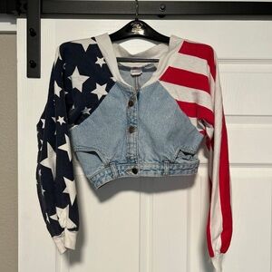 Vintage Fredericks Of Hollywood Crop Jean Jacket US Flag sleeves